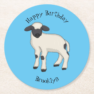 Valais Blacknose sheep cartoon illustration Round Paper Coaster
