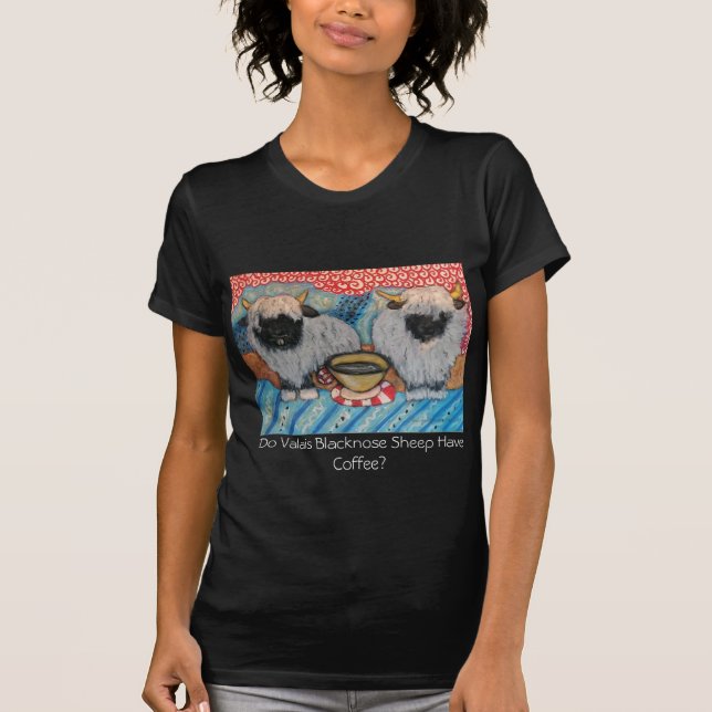 Valais Blacknose Sheep Drinking Coffee Art T-Shirt (Front)