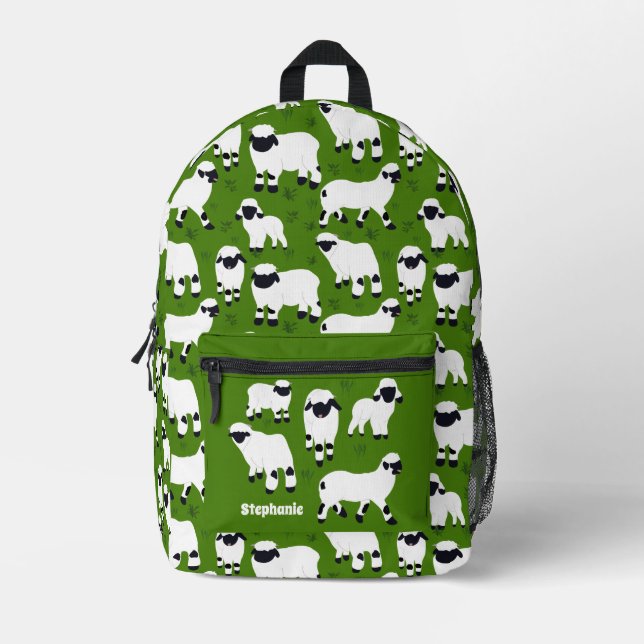 Valais Blacknose Sheep Illustrations on Green Printed Backpack (Front)