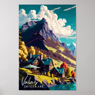 Valais Switzerland vintage travel illustration Poster