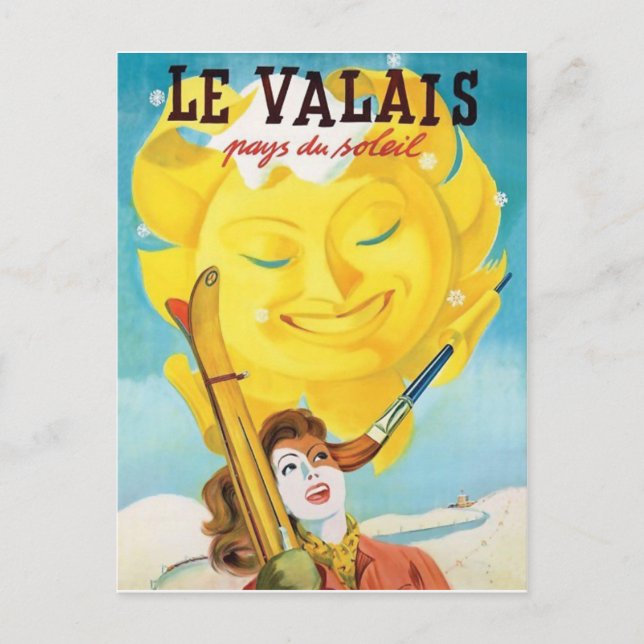 Valais, Woman with ski under gently sun Postcard (Front)