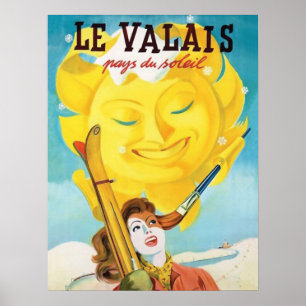 Valais, Woman with ski under gently sun Poster
