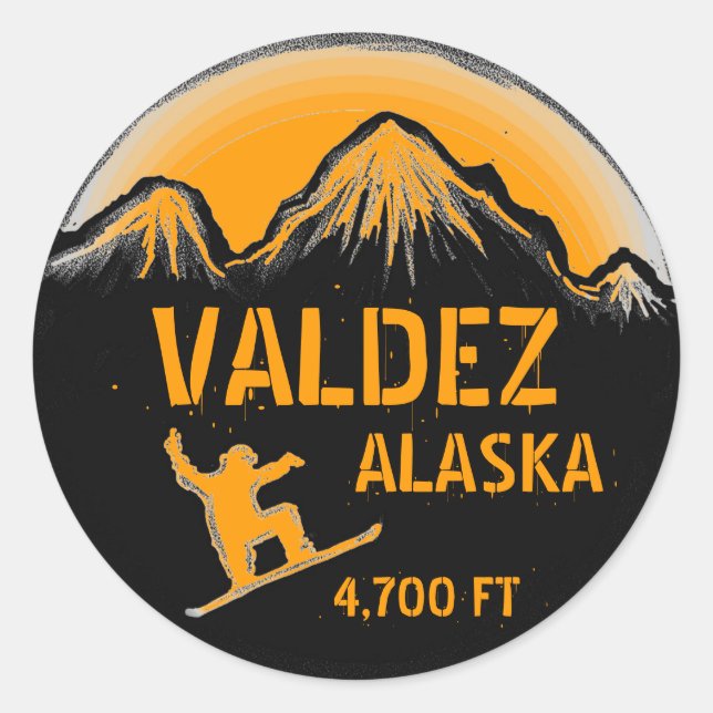 Valdez Alaska orange snowboard art stickers (Front)