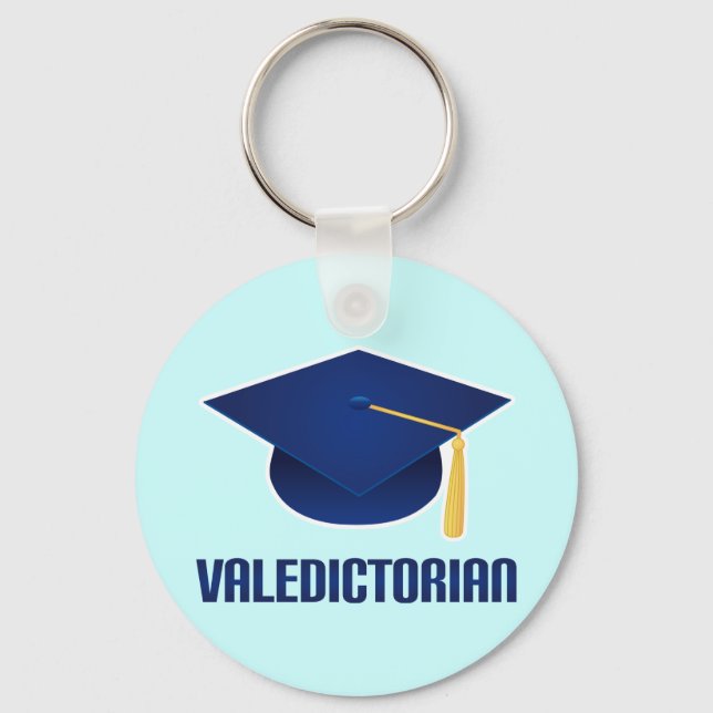 Valedictorian Blue Grad Hat Graduation Gift Key Ring (Front)