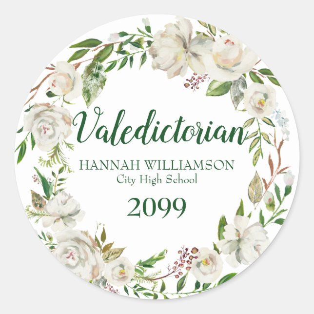 Valedictorian Graduation White Floral Personalised Classic Round Sticker (Front)