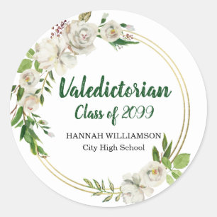 Valedictorian White Floral Personalised Graduation Classic Round Sticker