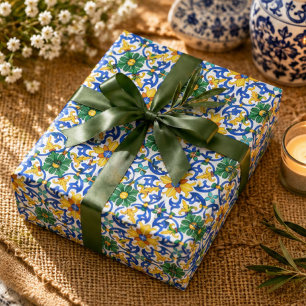 Valencia Garden Spanish Blue Green Mediterranean Wrapping Paper