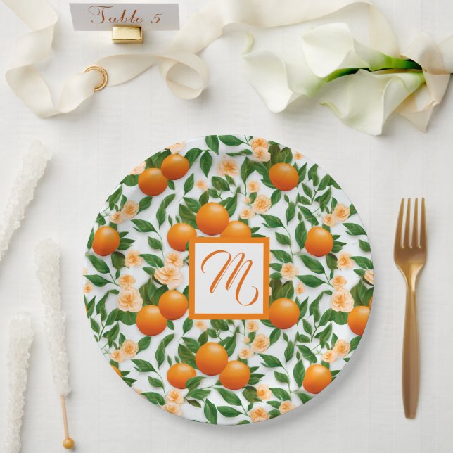 Valencia Orange Blossom Monogram Paper Plate (Wedding)