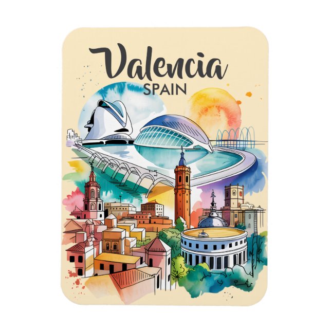 Valencia Spain Cityscape Watercolor Travel Custom Magnet (Vertical)