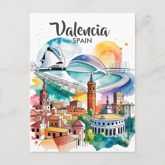 Valencia Spain Cityscape Watercolor Travel Custom Postcard (Front)