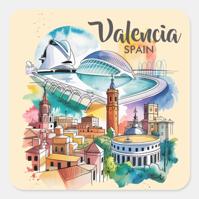 Valencia Spain Cityscape Watercolor Travel Custom Square Sticker (Front)
