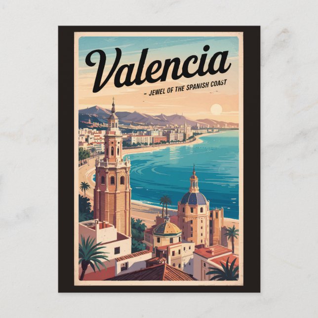 Valencia Spain Coast Illustration Travel Art Retro Postcard (Front)