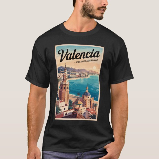 Valencia Spain Coast Illustration Travel Art Retro T-Shirt (Front)