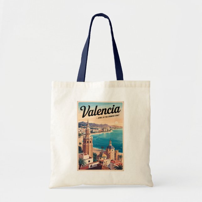 Valencia Spain Coast Illustration Travel Art Retro Tote Bag (Front)
