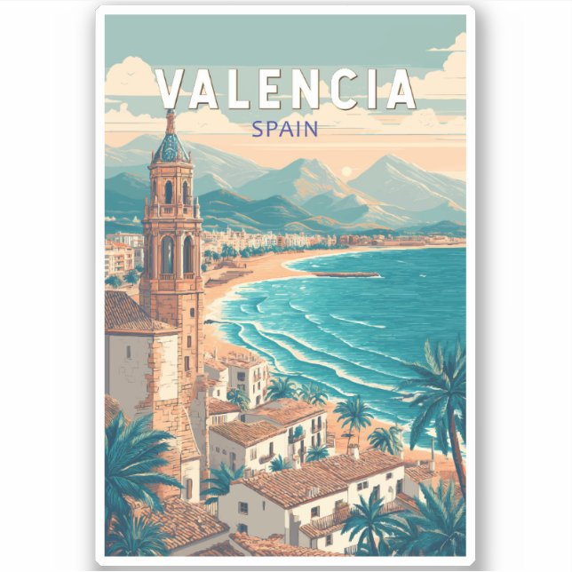 Valencia Spain Illustration Travel Art Vintage (Front)