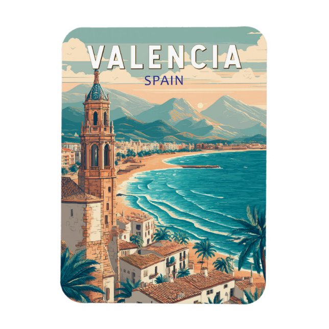 Valencia Spain Illustration Travel Art Vintage Magnet (Vertical)