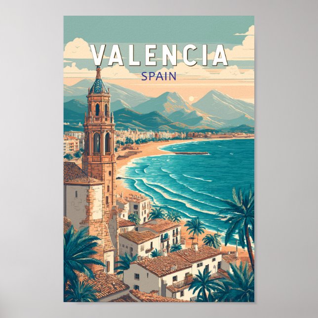 Valencia Spain Illustration Travel Art Vintage Poster (Front)