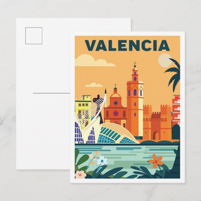 Valencia Spain Vintage Illustration Travel Postcard (Front/Back)