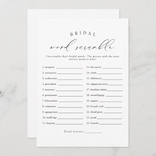 VALENTINA Elegant Script Bridal Word Scramble Game Invitation (Front/Back)