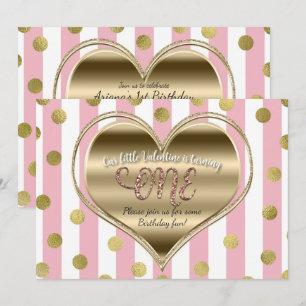 Valentine 1st Birthday ONE Gold Heart Pink Stripes Invitation