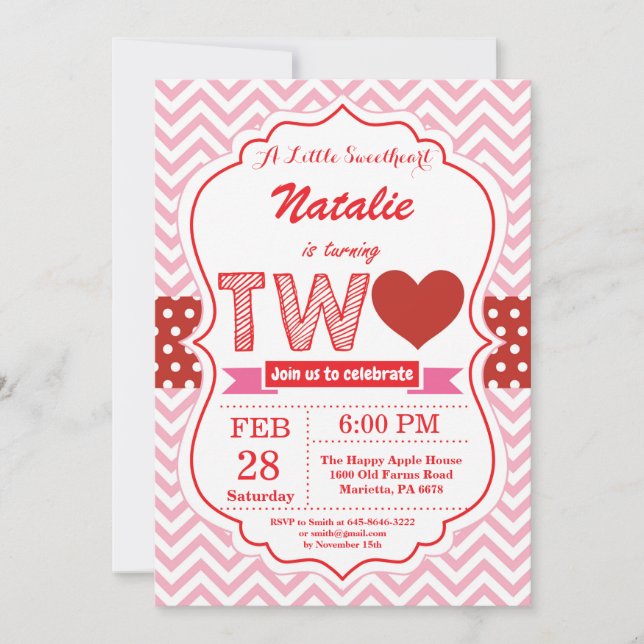 Valentine 2nd Second Birthday Little Sweetheart Invitation (Front)