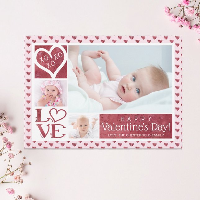 Valentine 3 Photo Collage LOVE XOXO Hearts Holiday Card (Creator Uploaded)