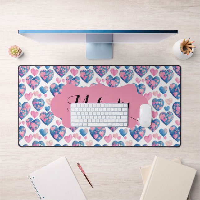 Valentine 3D Pink Blue Hearts Pattern Desk Mat (Office 1)