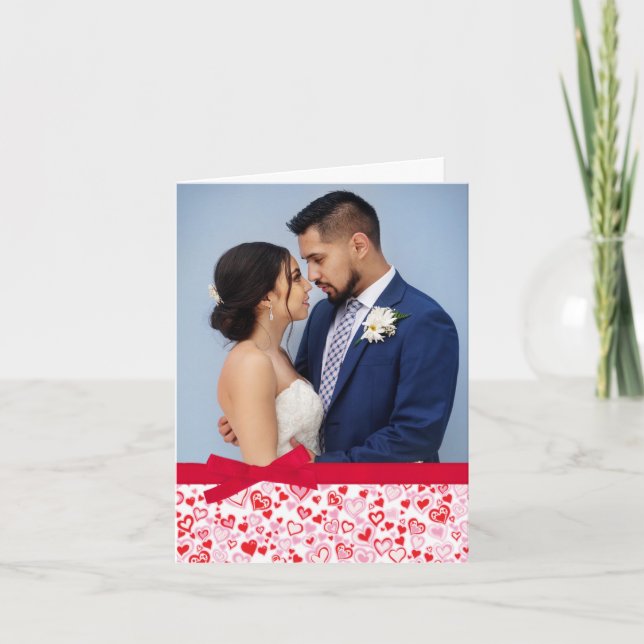 Valentine add your own photo red pink hearts holiday card (Front)