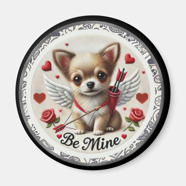 Valentine Angel Chihuahua Round Magnet – Be Mine  (Front)