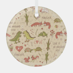 Valentine Animal Hand-Drawn Print Glass Tree Decoration