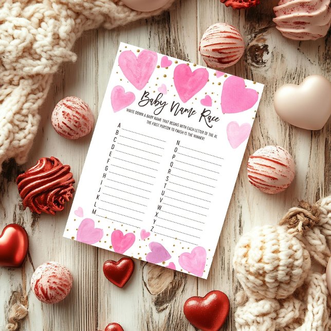 Valentine baby name Race baby shower game card (Creator Uploaded)