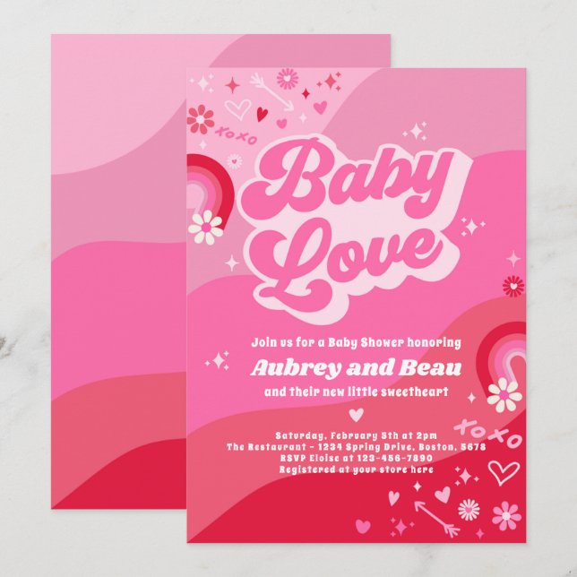 Valentine Baby Shower Groovy Baby Love Baby Shower Invitation (Front/Back)