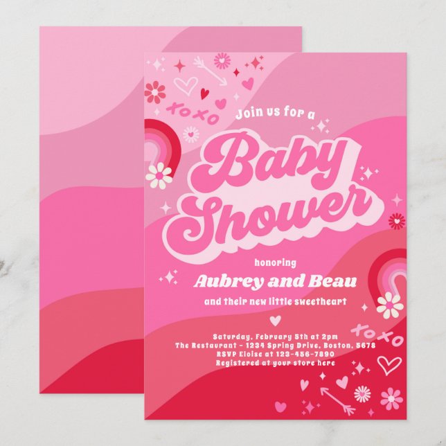 Valentine Baby Shower Groovy Baby Love Baby Shower Invitation (Front/Back)