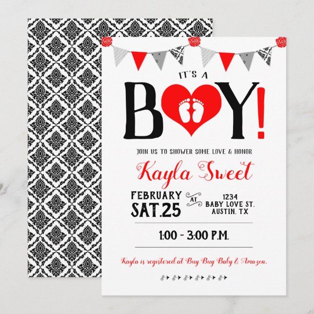 Valentine Baby Shower Invitation It's A Boy (Front/Back)