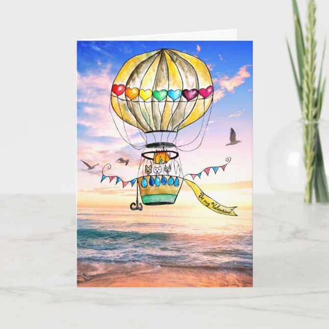 Valentine beach balloon watercolor rainbow cats card (Front)