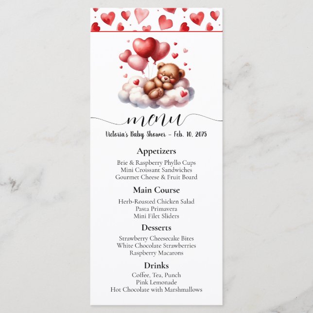 Valentine Bear Baby Shower Menu (Front)
