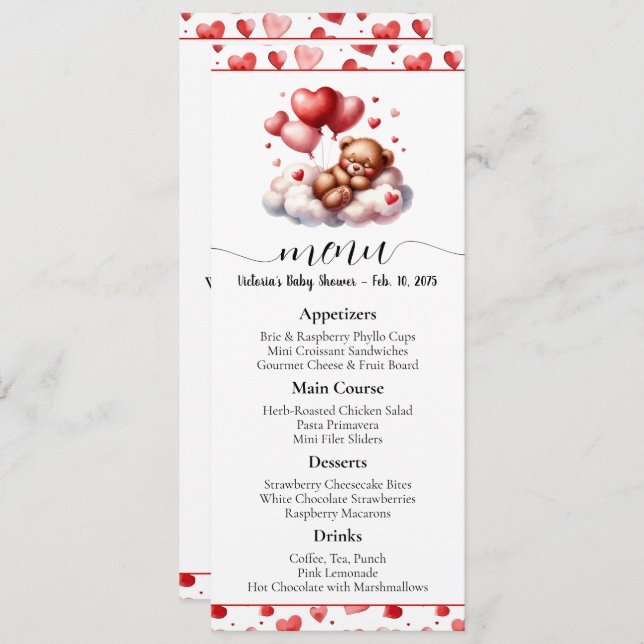 Valentine Bear Baby Shower Menu and Program Invitation (Front/Back)