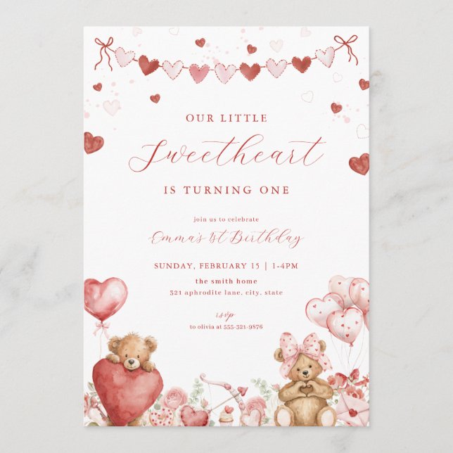 Valentine Bear Little Sweetheart Birthday Invite (Front)