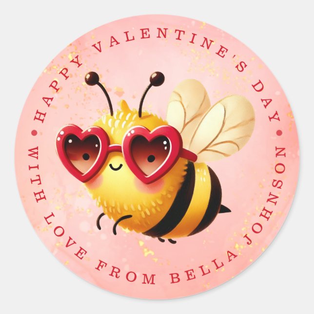 Valentine Bee Personalised Name Round Stickers (Front)