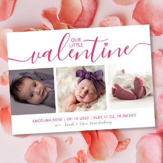 Valentine Birth Announcement 3 Photo Pink Hearts
