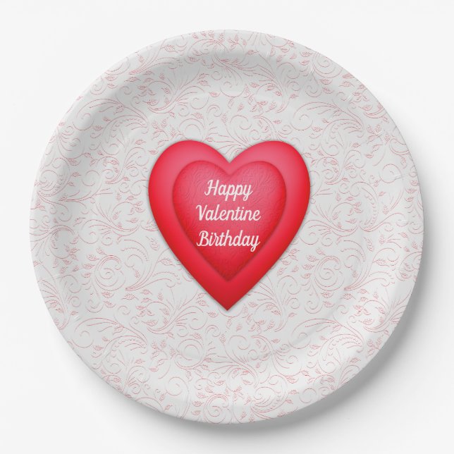 Valentine Birthday Fancy Red Hearts Personalised Paper Plate (Front)