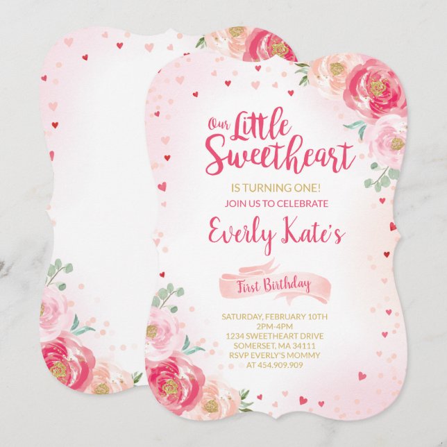 Valentine Birthday Invitation Sweetheart Pink Gold (Front/Back)