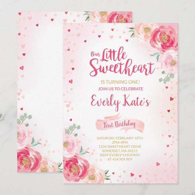 Valentine Birthday Invitation Sweetheart Pink Gold (Front/Back)