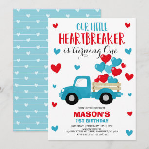Valentine Birthday Invite Heartbreaker Blue Truck