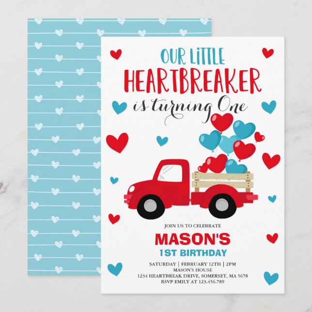 Valentine Birthday Invite Heartbreaker Red Truck (Front/Back)
