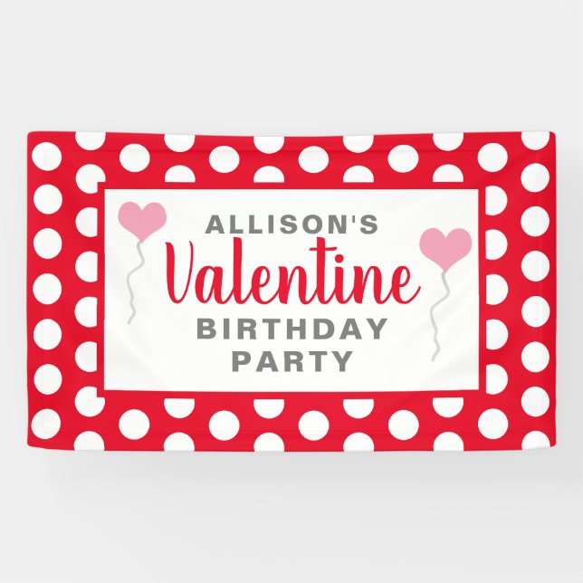 Valentine Birthday Party Red Dots Pink Hearts Name Banner (Horizontal)