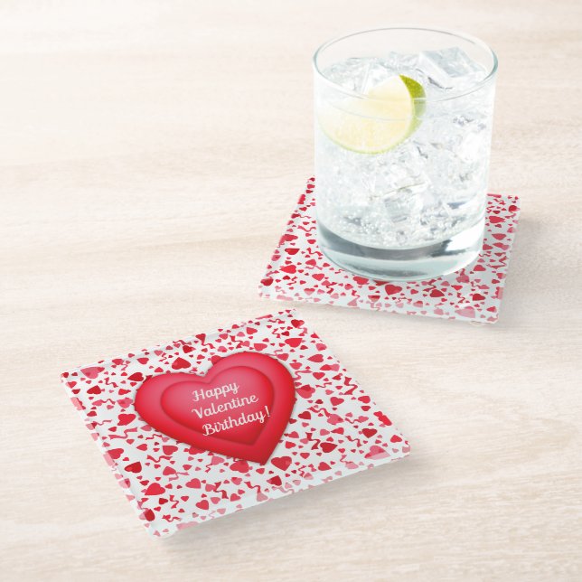 Valentine Birthday Red Confetti Heart Personalised Glass Coaster (Angled)