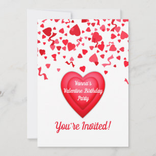 Valentine Birthday Red Confetti Heart Personalised Invitation