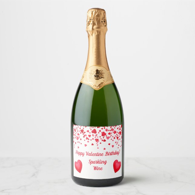 Valentine Birthday Red Confetti Heart Personalised Sparkling Wine Label (Front)