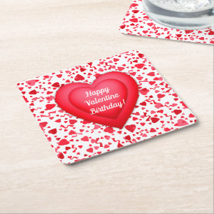 Valentine Birthday Red Confetti Heart Personalised Square Paper Coaster